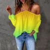 Camicette da donna Halter Cold Shoulder Elegant Top Womens Feather Print Off Ruffles Camicetta Allentato Sexy Oversize Boho Blusas Pullover