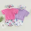 Vêtements d'été pour bébés filles, ensemble de vêtements d'été pour enfants, manches courtes, hauts côtelés, short de lapin floral, bandeau, tenues de pâques, Z0321