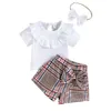 Roupas conjuntos de roupas recém -nascidas menina de três roupas de manga curta cor de cor de ruffles de babados de calças curtas da banda de cabelo decorativa Z0321