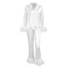 Damen-Nachtwäsche, feste Freizeit-Nachtwäsche, Damen-Robe mit Federn, einreihig, Umlegekragen, Damen-Schlafkleidungsset, Satin-Pyjama-Sets 230321