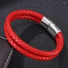 Charme Bracelets Mode Double Couche Rouge Tressé En Cuir Bracelet Hommes À La Mode En Acier Inoxydable Fermoir Magnétique Femmes Poignet Bande Bijoux Cadeaux