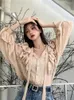 Blouses pour femmes femmes Vintage col en V ruban Blouse 2023 femme printemps été simple boutonnage volants chemises à manches longues hauts élégants