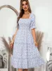 Casual Dresses MSFilia Square Collar Print Dresses for Women Casual Summer Half Sleeve Clong Chiffon Floral Beach Dress Wrap Sundress 230321