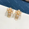 Classic Pearl Flower Studs Floral Gold Hoop Earrings Women Double Letter Eardrops With Box Party Wedding Birthday Lovers Gift Jewelry