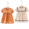 Girl Dresses 2023 Summer Kids Girls Dress Sailor Collar Short Puff Sleeves Apricot Orange Princess Child Navy Style Clothes