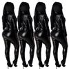 Women's Jumpsuits Women Skinny Long Sleeve Button Down Pu Jumpsuit Sexy Club Black Bodycon Overall Solid Lace Up Party