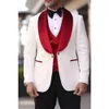Röda vita män bröllop smoking sammet sjal lapel mens tuxedos outfits affärsformell slitage jacka byxor kostymer 3 stycken
