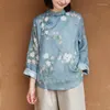 Kvinnors blusar Johnature Women Chinese Style Shirts and Tops Ramie High Quality Stand Long Sleeve 2023 Spring Button Print Floral Shirt