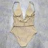 Khaki Strój Kąpielowy Z Listem Odznaka Pas Głęboki V Neck Stroje Kąpielowe Dla Kobiet Sexy Backless Bikini