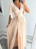 Partykleider Sommer Schmetterlingshülse Plissee Maxi für Frauen Elegante V-Ausschnitt Schärpen Hohe Taille Vintage Weiblicher Urlaub Y2303