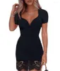 Casual Dresses Short Sleeve Lace Mini Birthday Dress for Women Sexy Black Party Club Ladies Bodycon Prom Floral Print Pencil Silm