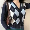 Damenstrickpullover Damenpullover Vintage V-Ausschnitt Plaid Langarmpullover 2023 Herbst Winter England-Stil Strickjacke Pullover Womes Tops