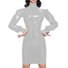 Casual Dresses Punk Bodycon Dress for Women High Quality Long Puff Sleeves Vinyl Ladies Pvc Neck Package Hips Fancy Halloween