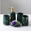 Bath Accessory Set Green Sets Marble Textured Bathroom Household Wash Brush Holder Cup Liquid Soap Dispensers Dishes Kit