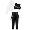 Ensembles de vêtements Hip Hop Girls Jazz Costumes Enfants Hooded Net Cover Up Tops Avec Crop Vest And Pants Sports Set Modern Dance Street Wear 230322