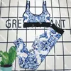 Blue Wit Porselein Tracksuits Ins Ins Fashion Vandded Sport Vest Leggings Set Quick Dry Dprinted Sportwear For Women