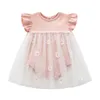 Sommerkleid für Babys, kurzärmelig, einfarbig, Blumenmuster, Gazerock