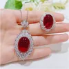 Flower Ruby Diamond Jewelry Set 925 Sterling Silver Wedding Rings oorbellen ketting voor vrouwen Bridal Engagement Sieraden