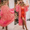 Sarong Rosso Casual Sciolto Stampa Floreale Donna Donna Estate Boho Chiffon Scialle Kimono Abbigliamento Copricostume Abito da spiaggia