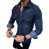 Casual shirts voor heren lente herfst heren jeans shirt met lange mouwen denim shirts voor mannen zacht katoen twee zakken slanke elastische denim shirts chemise homme 230322