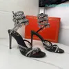 RENE CAOVILLA Kristaller Süslenmiş saten pompalar kadın Sandaletler En kaliteli Siyah ince topuklu sandaletler CHANDELIER Yüksek topuklu mücevherli sandaletler Tasarımcılar Sarar