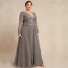 Plus Size Mother Of The Bride Dresses Chiffon Long Sleeve Formal Gown Appliques Ribbon Belt Wedding Guest Receiption Dress 326 326