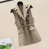 Women's Vests Female Suit Vest Coat Spring Autumn Ruffles Elastic Belt Medium Long Slim Fit Sleeveless Ladies Waistcoat Jacket 230322