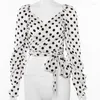 Kvinnors T-skjortor Kvinnors V-ringning Crop Top T-shirt 2023 Fashion Woman Summer Polka Dot Puffy Long ärmade midjan Korta vita toppar