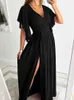 Partykleider Sommer Schmetterlingshülse Plissee Maxi für Frauen Elegante V-Ausschnitt Schärpen Hohe Taille Vintage Weiblicher Urlaub Y2303