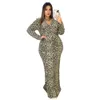 Plus size jurken Somo volle mouw luipaard print feest vrouwen sexy v nek kleding slanke lange jurk groothandel dropshipping 230307