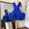 Robe de cocktail courte bleu royal, col transparent, col rond, manches 3/4, appliques en dentelle, volants, robe de soirée, robe de remise de diplôme