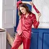 Dames slaapkleding Xifenni Silk Pyjama Sets vrouwelijke hoogwaardige faux paar man vrouw rode lange mouw nachtkleding 2-stuks x9934