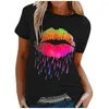 T-shirt da donna T-shirt con stampa a labbra colorate T-shirt da donna casual a maniche corte con scollo a V Top 2023 Estate S-5xl Top per