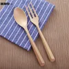 Ensembles de vaisselle 6 pièces créatif en bois naturel dîner cuillère fourchette japonais vaisselle ensemble bois enfant servant salade de fruits cuillère à café