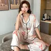 Women's Sleepwear Summer Women Home Clothes Satin Silk Pajamas Set For Women's Pyjama Suit Printing Short Sleeve Casual Shirt Nightwear