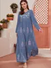 Casual Dresses Aligaia Embroidered Multi-Layer Folds Elegant Dress For Women 2023 Summer Dubai Turkey Islam Muslim Fashion Blue