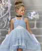 Vestidos de menina de flor azul -céu claro Lace Lace Low Baixa vestidos de concurso para casamento e vestido de concurso infantil sem costas em camadas de backless