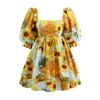 Casual Dresses 2022 Spring Summer New Flower French Van Gogh Print Dress Bubble Sleeve Retro Sweet Dress Women Loose Short Women Dress G230322