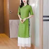 Женские брюки с двумя частями улучшены Aodai Plode Женский костюм 2023 Summer Fashion с коротким рукавом Qipao Tops и установите китайский наряд Z317