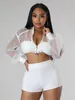 Kvinnors jumpsuits Romper Sexy Office Two Piece Set Solid dragkedja Mesh Patchwork Crop Tops och snäva shorts Elegant Party Tracksuit Outfits 230322