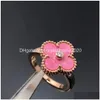 Band Rings Brand Luxury Clover Designer för Women Girls Diamond Crystal 18K Rose Gold Sweet Pink Love Nail Ring Party Wedd Otfqo