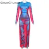 Party Dresses Sexy Graphic Print Long Sleeve Slimming Dress For Women Club High Waist Tie Dye Bodycon Maxi Fashion Robes 2023 Y2303