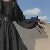 Robes Décontractées Femmes Volants Solides Style Japonais Gothique Chic Robe À Manches Longues Lolita All-match Simple O-cou Élégant Harajuku Mi-mollet