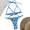 Damenbadebekleidung 2023 Sexy blauer Blumendruck Frauen Badeanzug String Schwimmen Badeanzug Strandkleidung Dreieck Micro High Cut Bikini Set