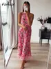 Sukienki imprezowe Foridol Slevelss Hanter Maxi Summer for Women Sexy Backless Beach Pink Boho Robe Femme 2023 Lace Up Sundress Floral Y2303