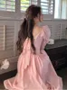 Lässige Kleider Rosa Kleid Frauen Back-Bandage Design Prinzessin Mode Süße Elegante Französisch Quadrat Kragen Hohe Taille Zarte Mädchenhafte Ästhetik G230322