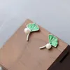 Studörhängen Autentisk 925 Sterling Silver Fashion Green Gingko Leaf Earring Inlaid Natural Freshwater Pearl National Style Jewelry