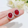 Flower Ruby Diamond Jewelry Set 925 Sterling Silver Wedding Rings oorbellen ketting voor vrouwen Bridal Engagement Sieraden