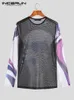 Men s T Shirts INCERUN Tops 2023 American Style Men See through Mesh Camiseta Sexy Casual Male Stretch Printing Long Sleeve T shirts S 5XL 230321