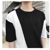 メンズTシャツ不規則な性格トレンド半袖黒と白の色マッチハーフクルーネックTシャツ夏のスリットヘム